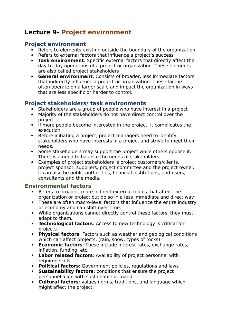 Project Management Lecture 9 Project Environment - Page 1