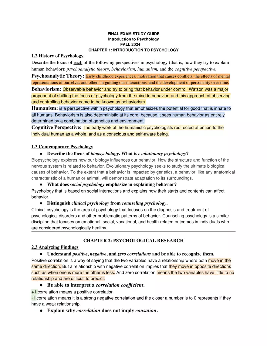 Introduction to Psychology Final Exam Study Guide - Page 1