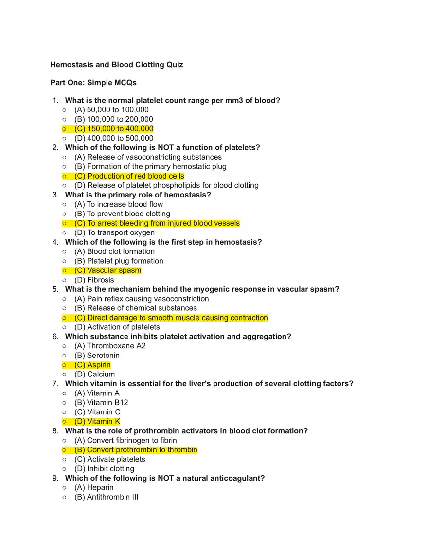 Hemostasis and Blood Clotting Quiz Part 1 - Page 1