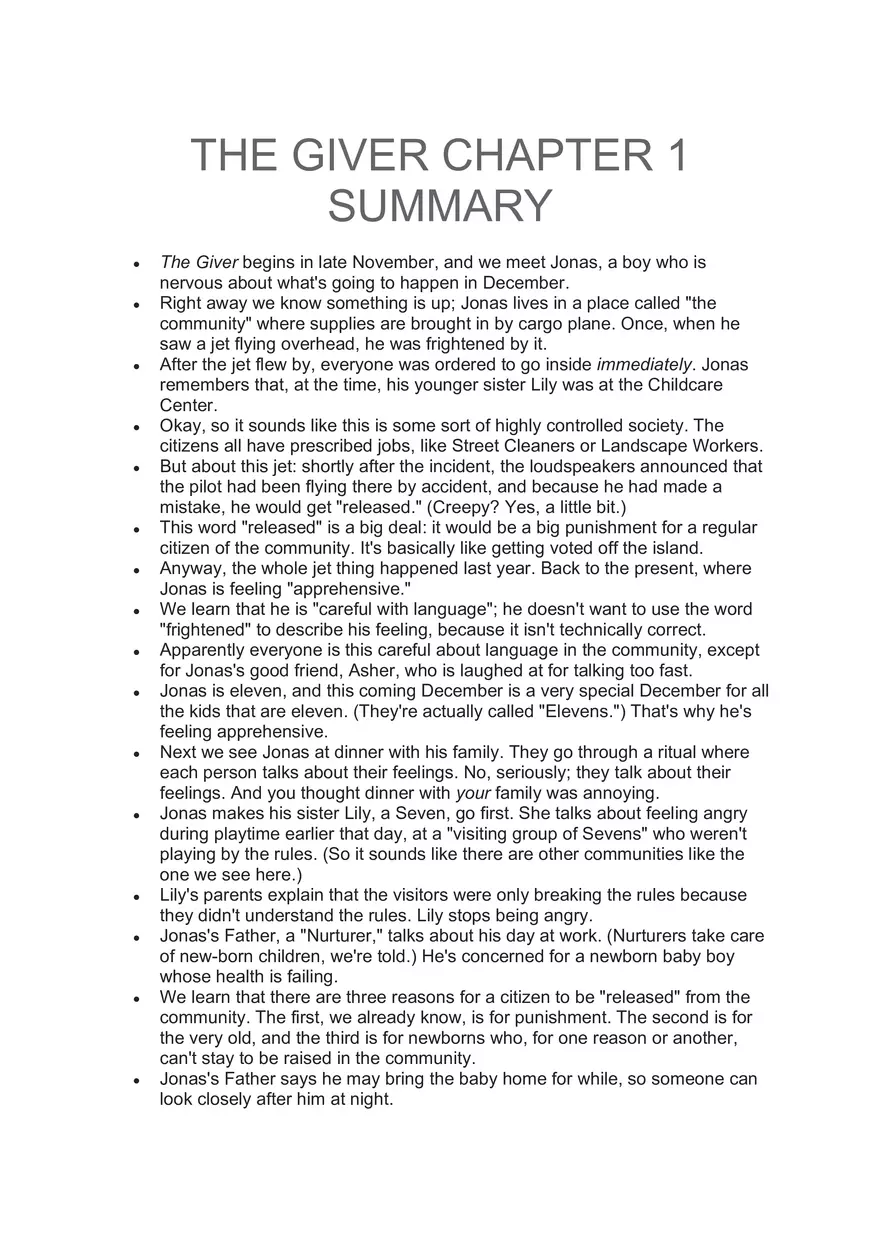 The Giver Chapter 1 Summary - Page 1