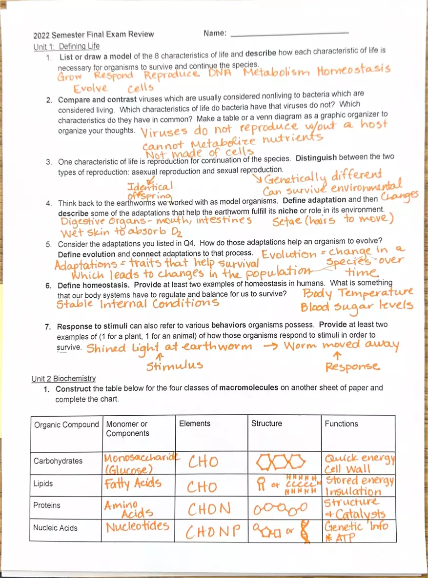 Biology 2022 Semester Final Exam Review - Page 1