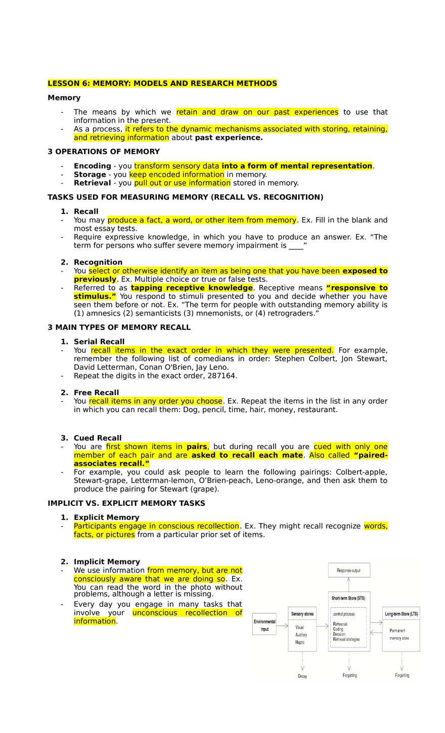 Lesson 6 Memory. Models and Research Methods - Page 1
