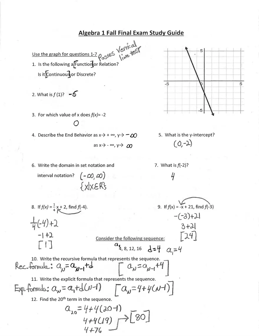 Algebra 1 Final Exam Answers - Page 1