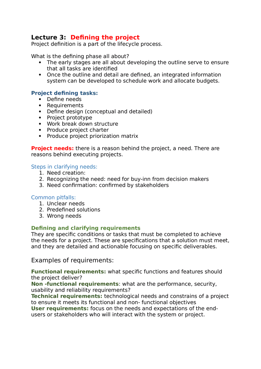 Project Management Lecture 3 Deﬁning the Project - Page 1