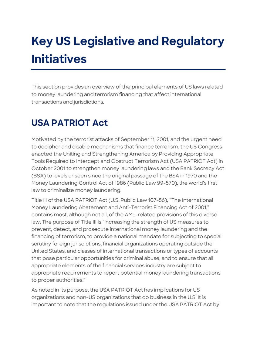 Key US Legislative and Regulatory Initiatives - Page 1
