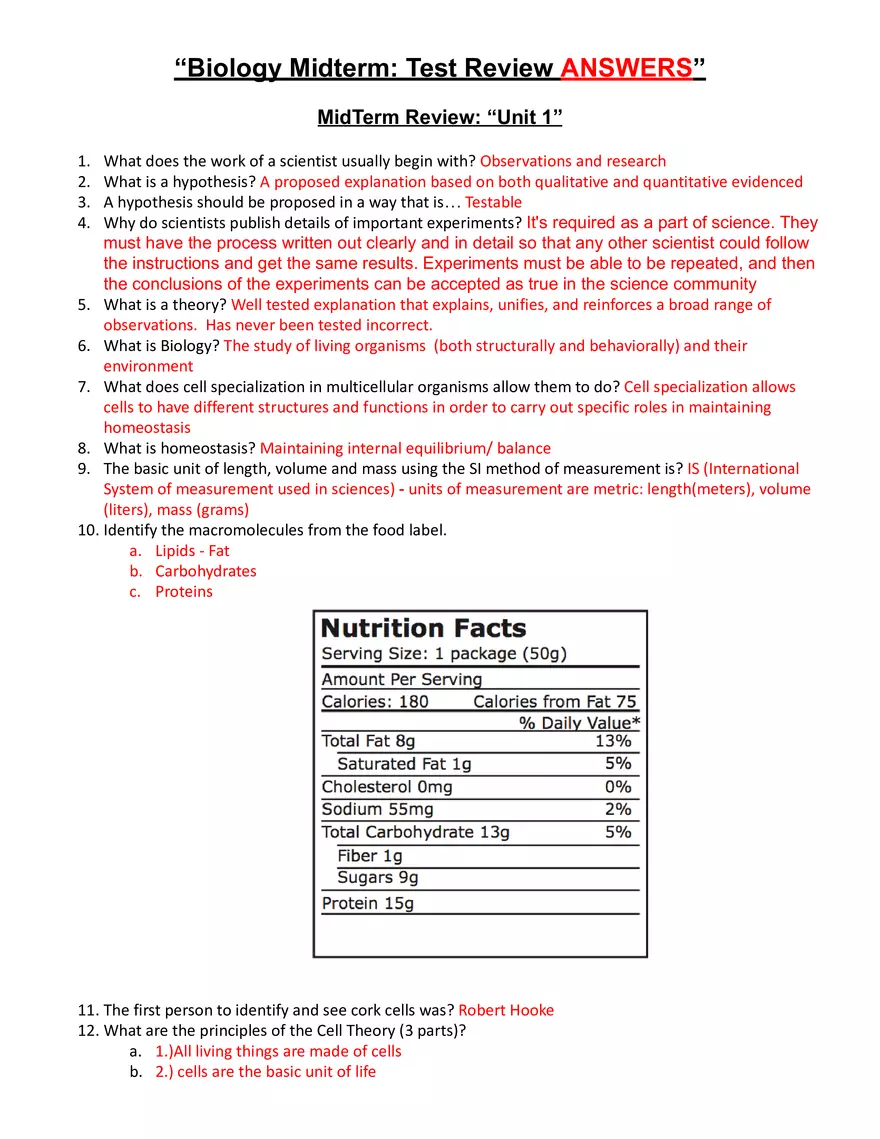 Biology Midterm Test Review Answers - Page 1