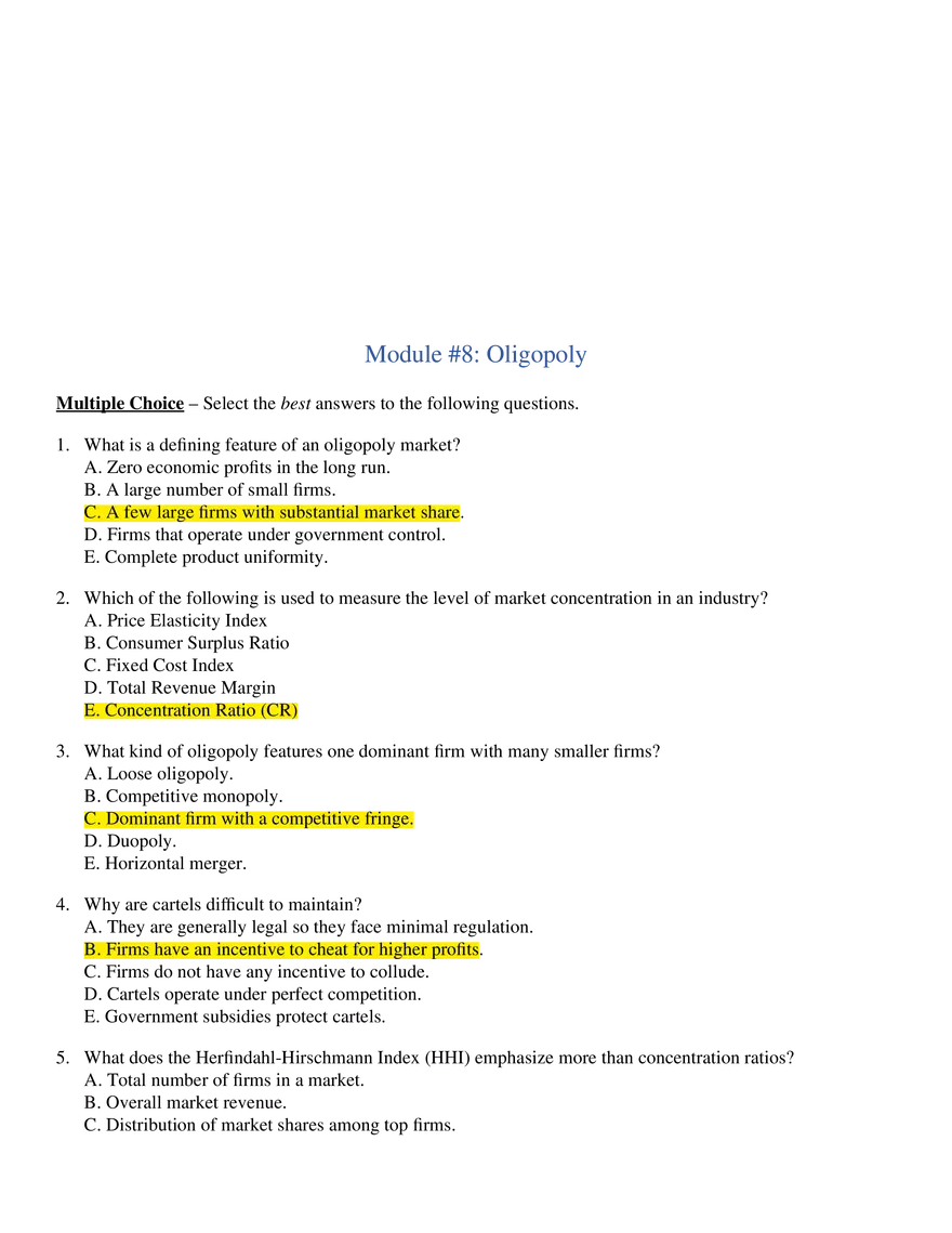 Module 8 Oligopoly Multiple Choice - Page 1
