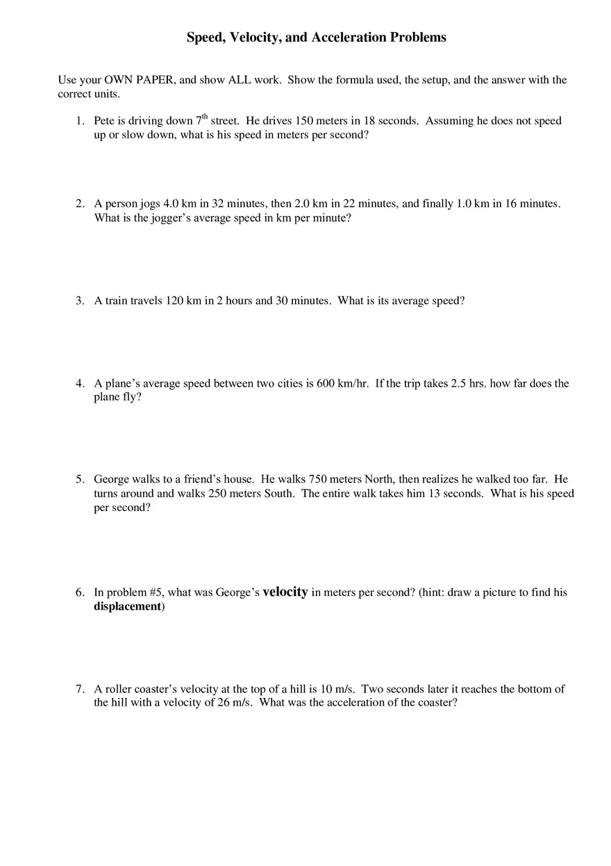Speed, Velocity, and Acceleration Problems - Page 1