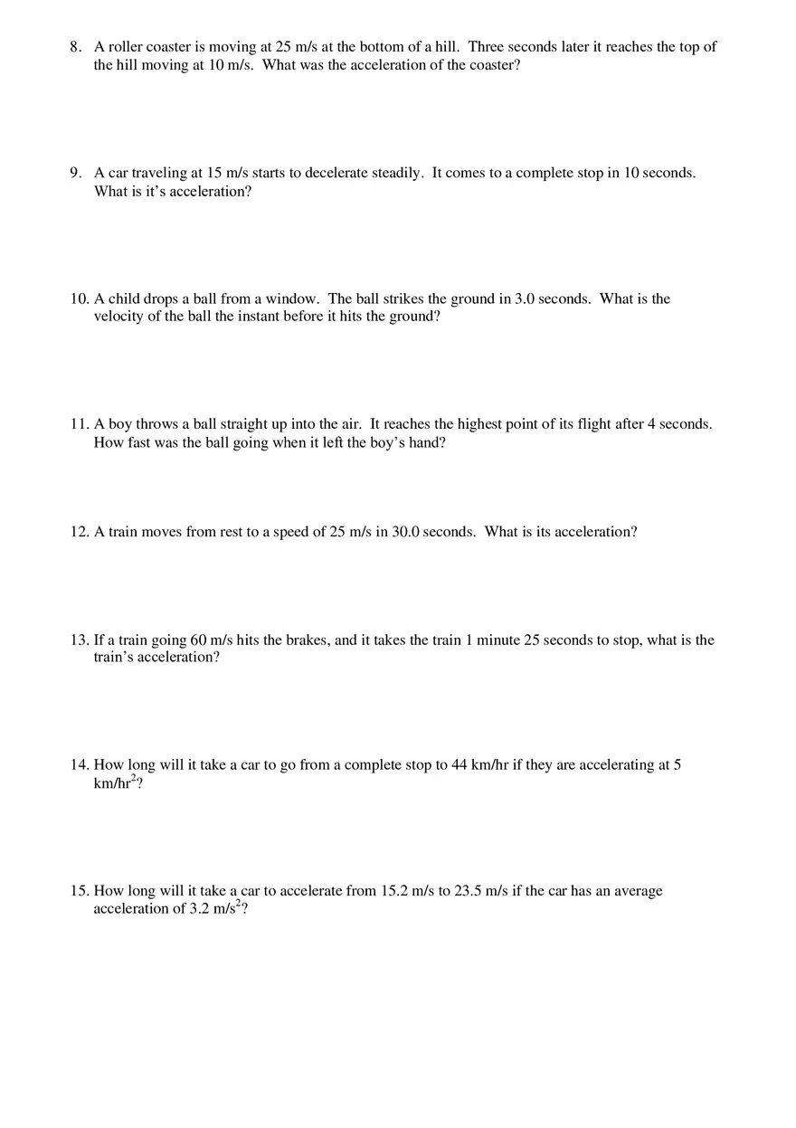 Speed, Velocity, and Acceleration Problems - Page 2