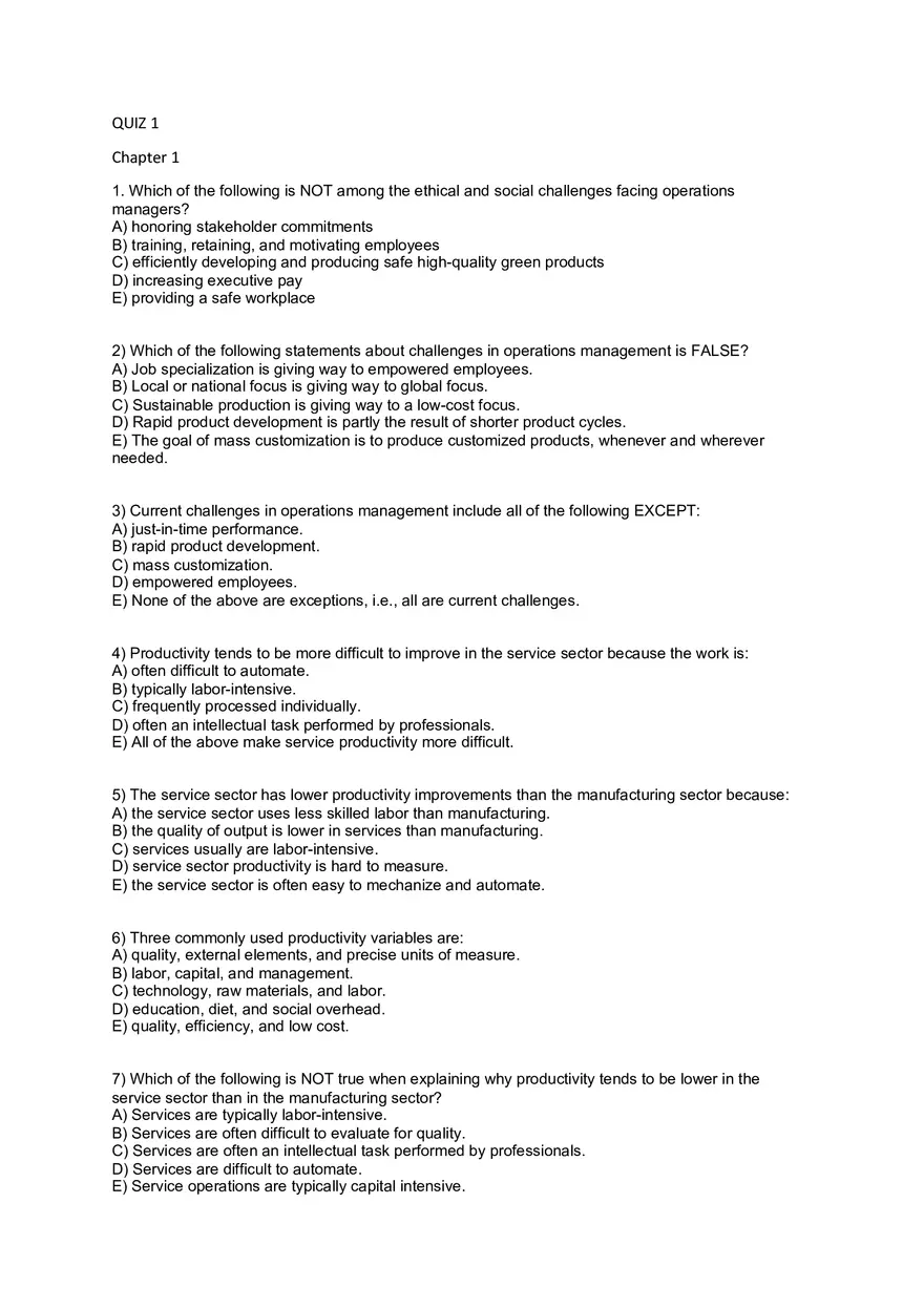 Operations Management Quiz 1Chapter 1 - Page 1