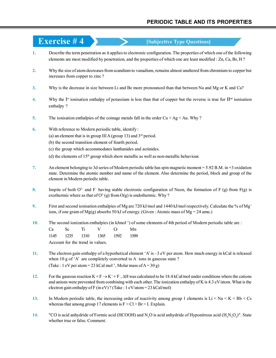 Periodic Table and Its Properties Exercise # 4 - Page 1