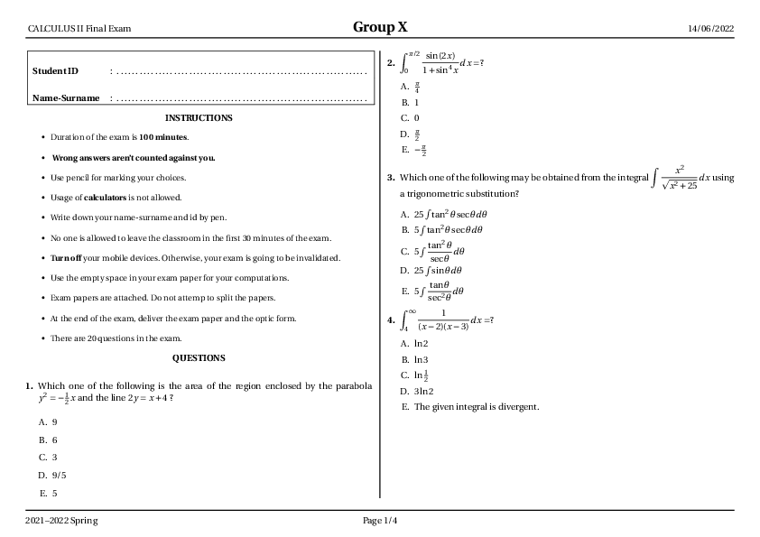 Calculus 2 Final Exam - Page 1