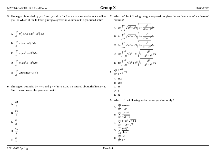 Calculus 2 Final Exam - Page 2
