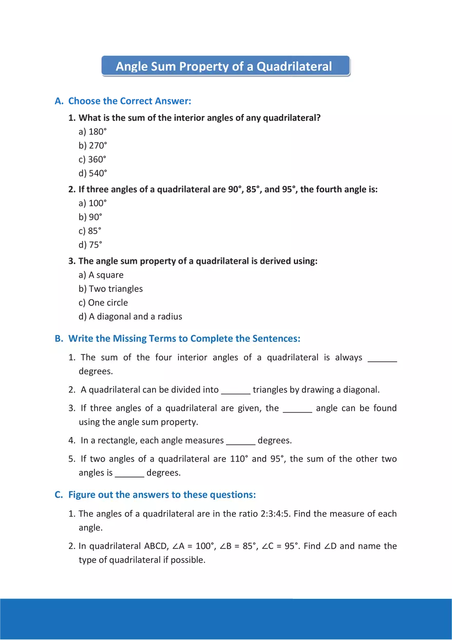 Angle Sum Property of a Quadrilateral - Page 1