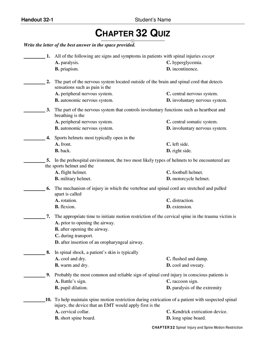 Chapter 32 Spinal Injury and Spine Motion Restriction Ouiz - Page 1