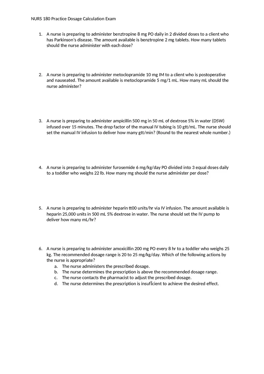 Practice Dosage Calculation Exam - Page 1