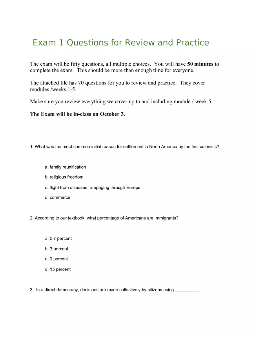 American Government Exam 1 Questions for Review and Practice - Page 1