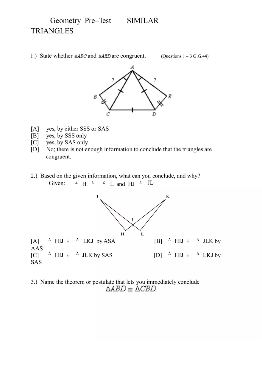 Geometry Pre-test Quiz Plan for Similar Triangles 1 - Page 1