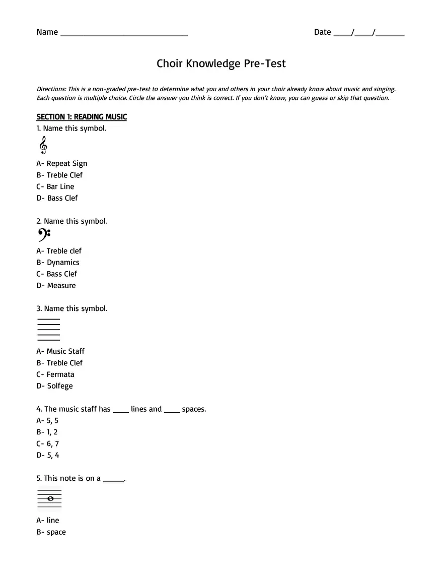 Choir Knowledge Pre-Test - Page 1