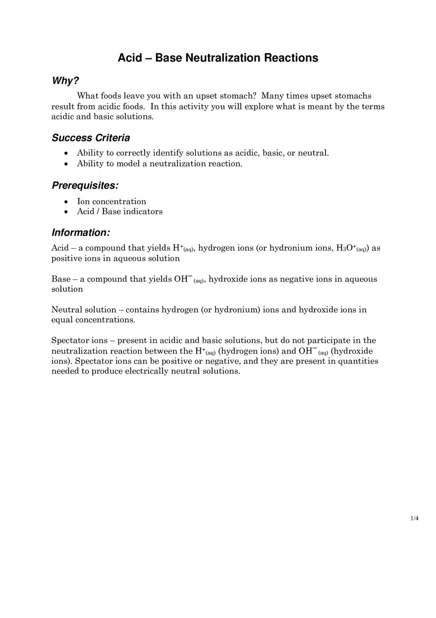 Acid – Base Neutralization Reactions - Page 1