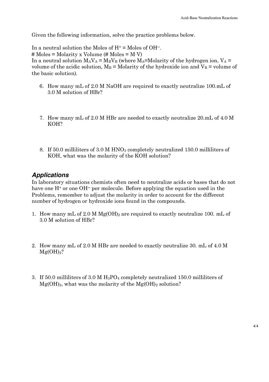 Acid – Base Neutralization Reactions - Page 4