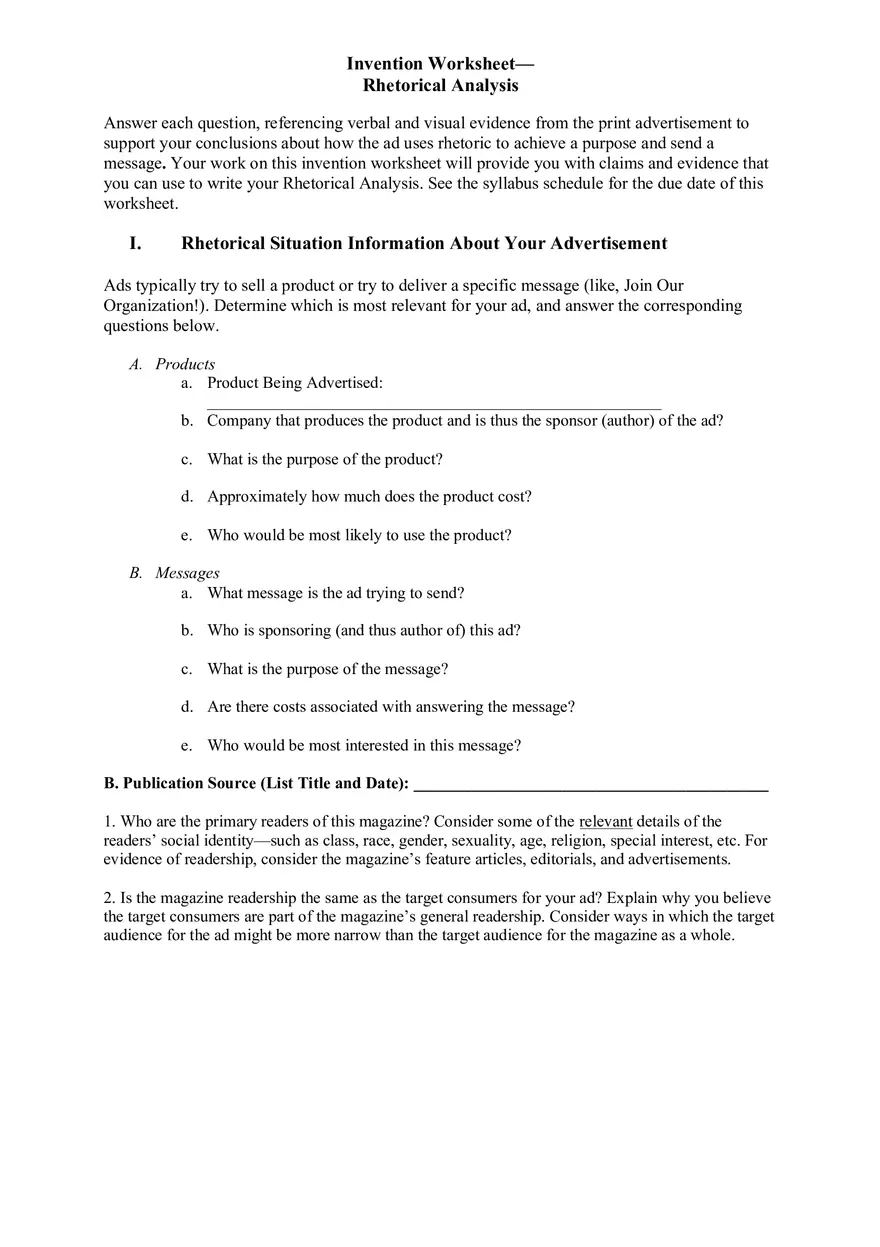 Invention Worksheet - Rhetorical Analysis - Page 1