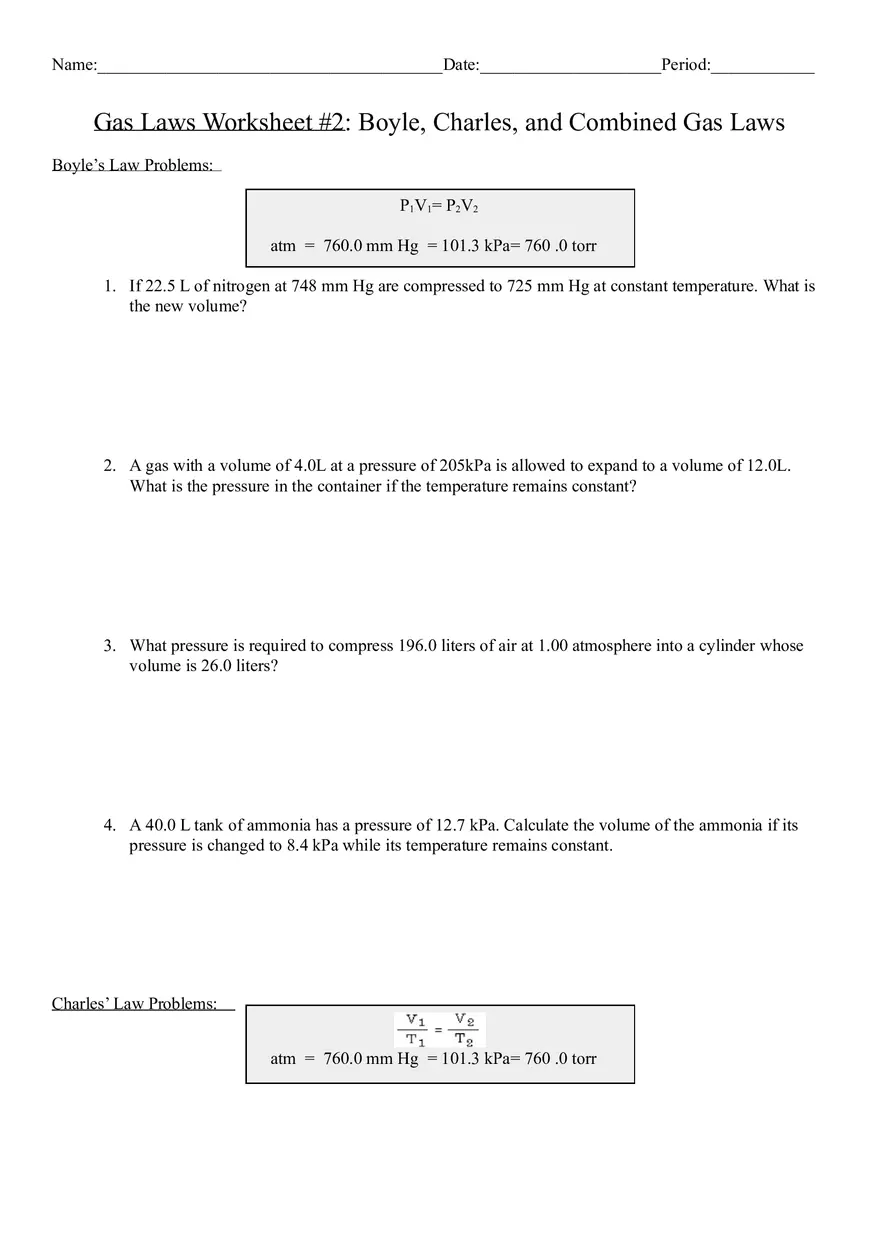 Gas Laws Worksheet 2  Boyle, Charles, and Combined Gas Law - Page 1