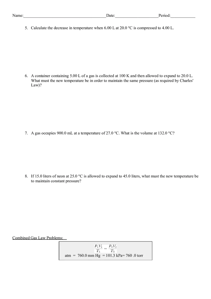 Gas Laws Worksheet 2  Boyle, Charles, and Combined Gas Law - Page 2