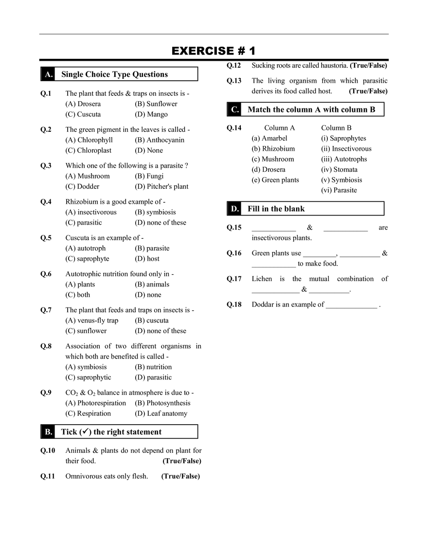 Nutrition in Plants Exercise 1 - Page 1