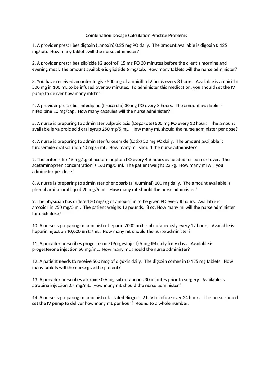 Combination Dosage Calculation Practice Problems - Page 1