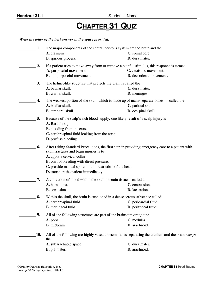 Chapter 31 Head Trauma Quiz - Page 1