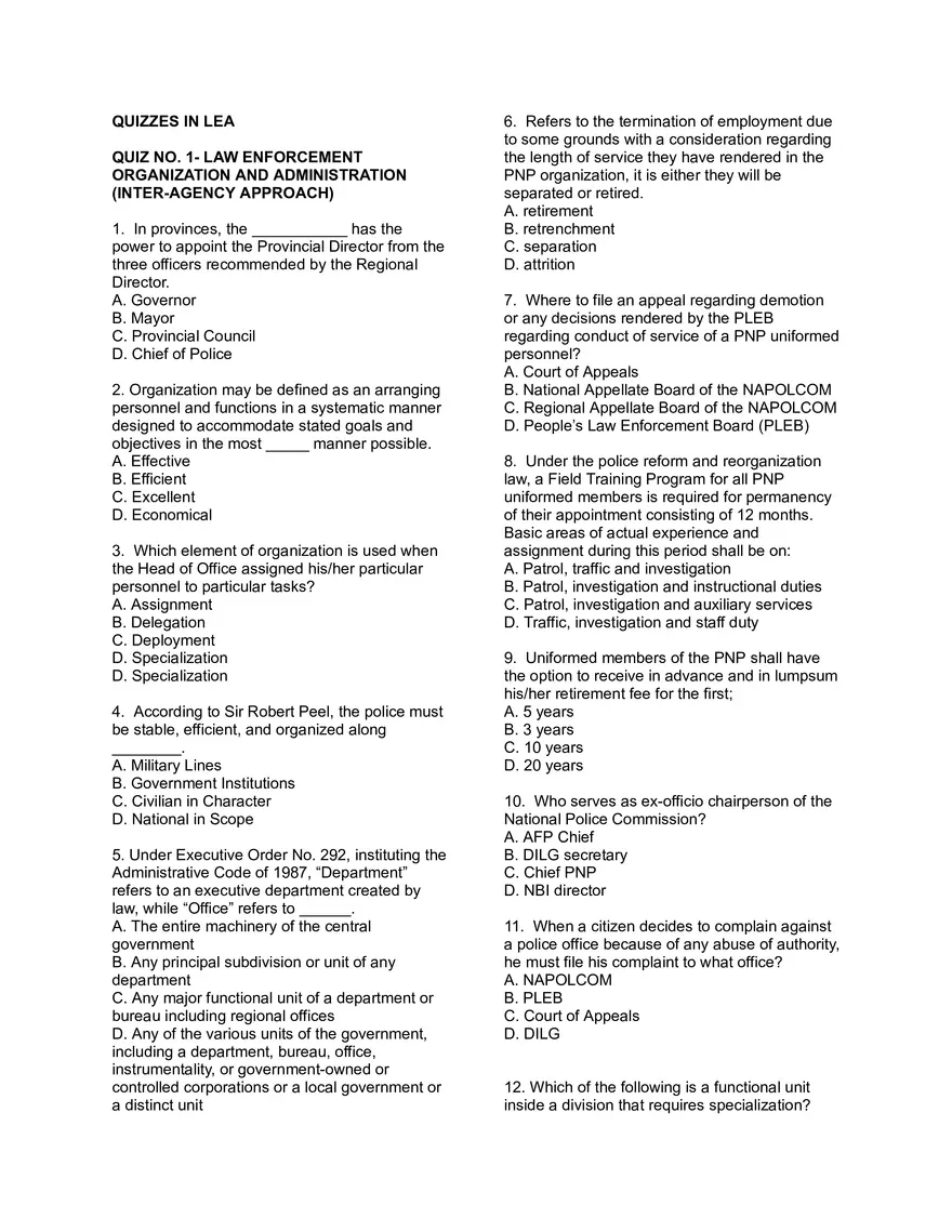 Quiz 1- Law Enforcement Organization and Administration - Page 1