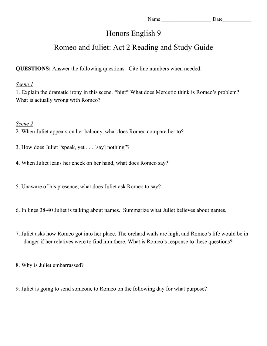 Romeo and Juliet Act 2 Reading and Study Guide - Page 1