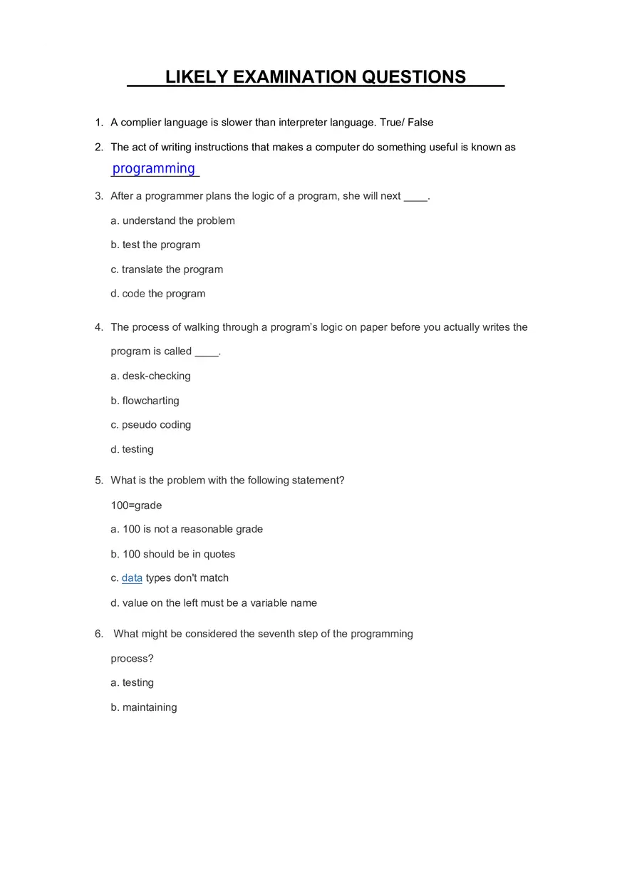 Likely Programming Question On Python Part 1 - Page 1