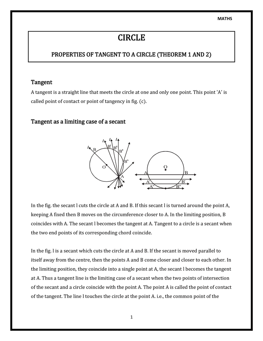 Properties of Tangent to a Circle (Theorem 1 and 2) - Page 1