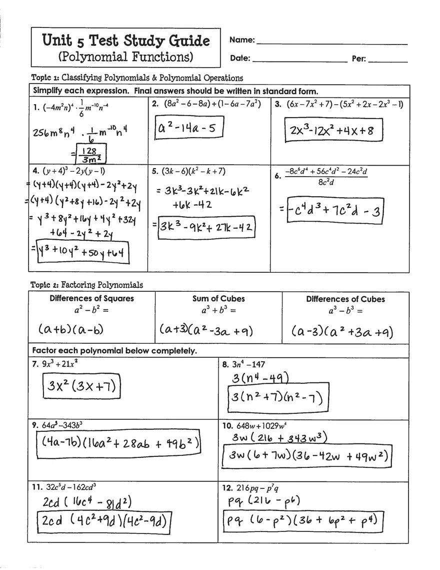 Unit 5 Test Polynomial Functions - Page 1