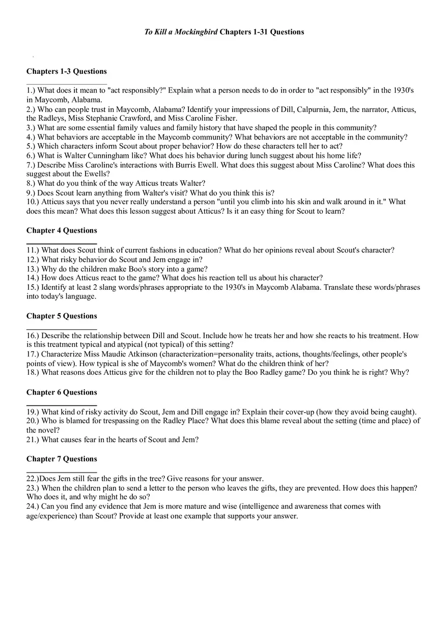 To Kill a Mockingbird Chapters 1-31 Questions - Page 1