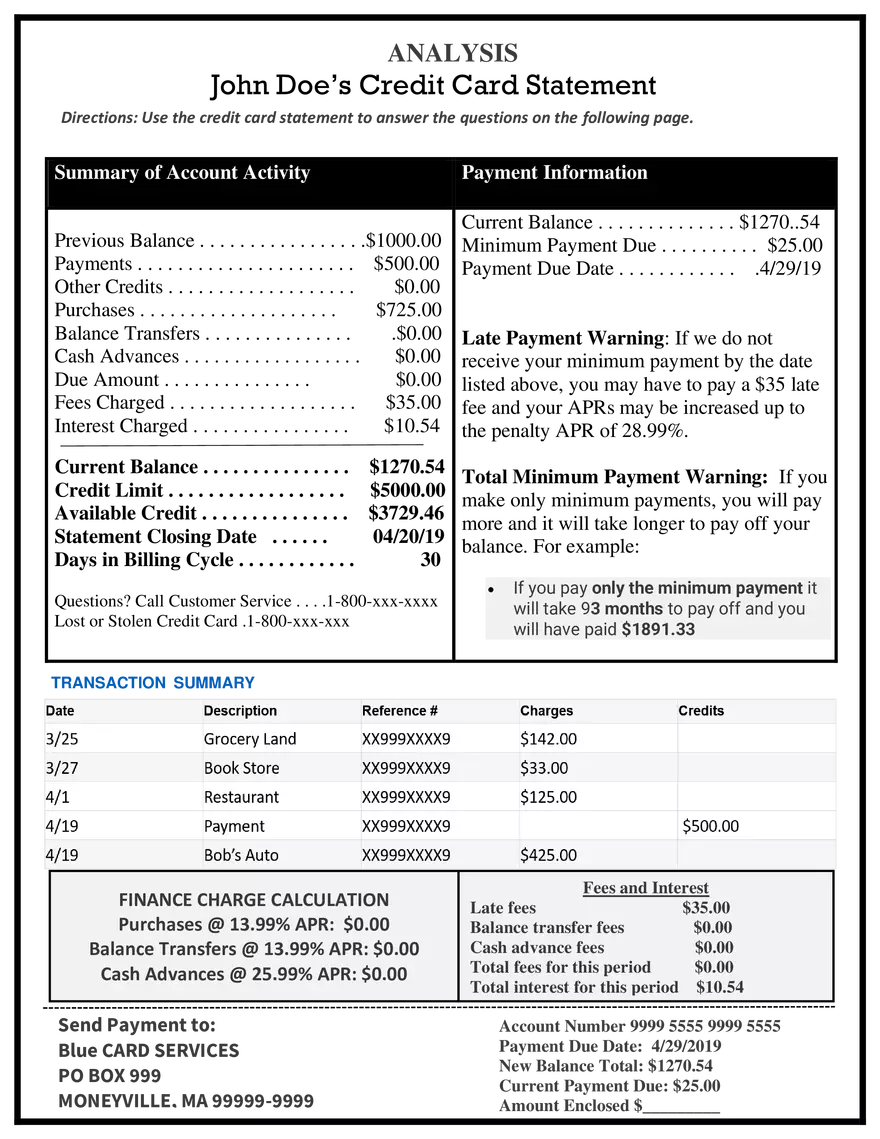 John Doe’s Credit Card Statement - Page 1