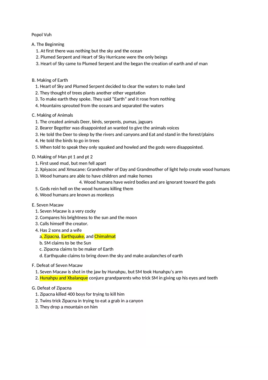 Polpo Vuh Home Notes - Summary Popol Vuh - Page 1