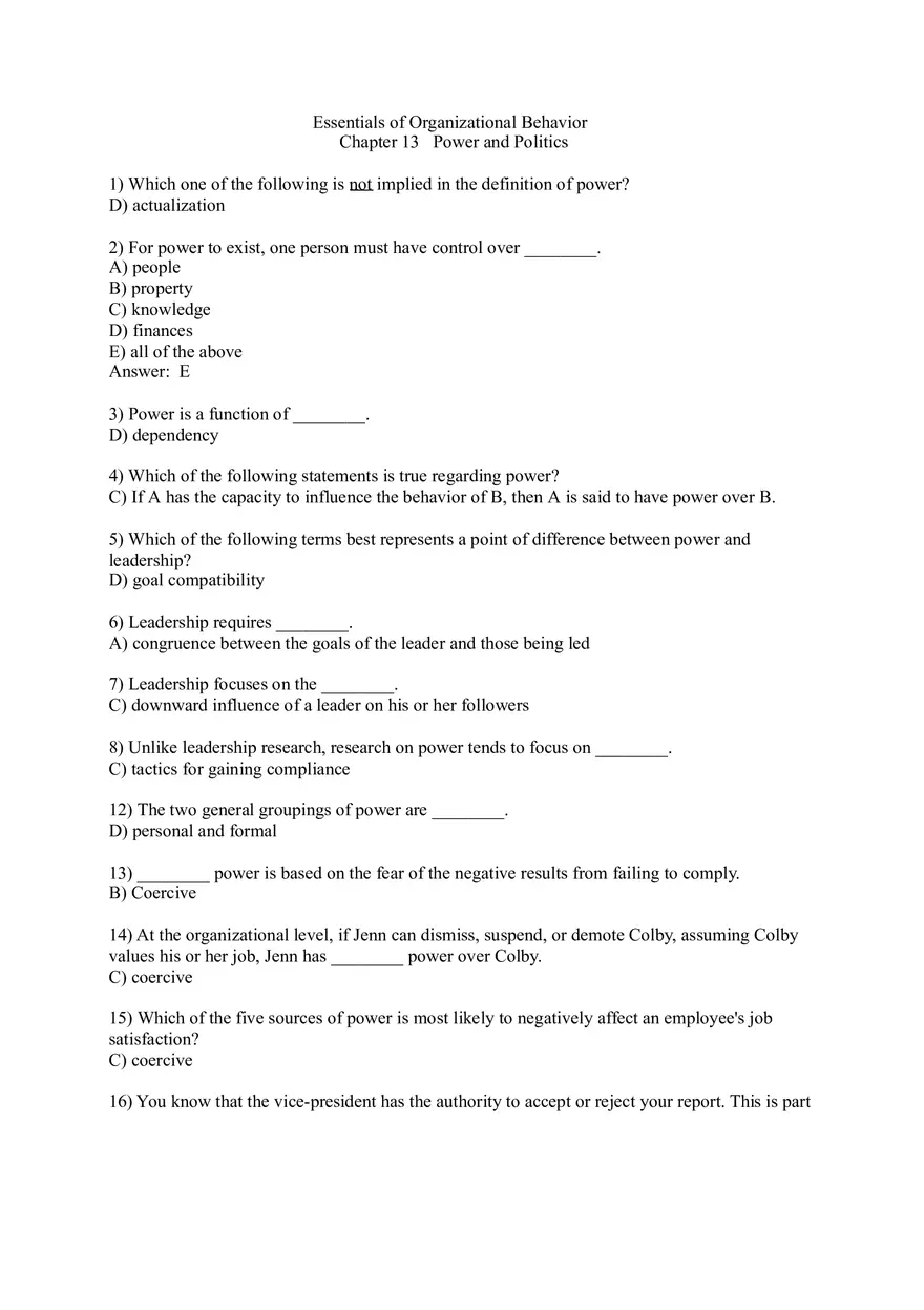 Test Bank for Essentials of Organizational Behavior, Global Edition - Page 1