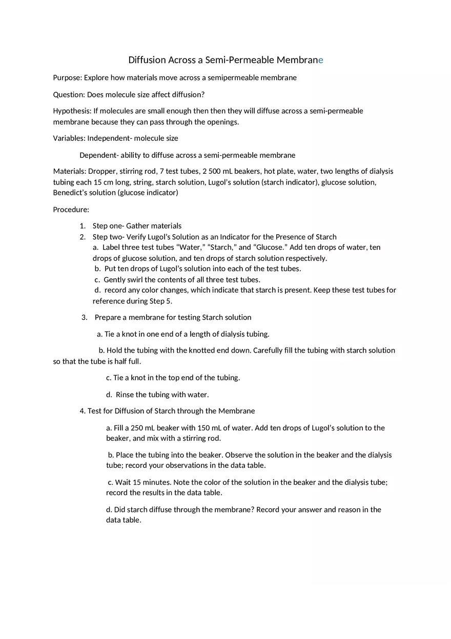 Diffusion Across a Semi-Permeable Membrane Lab Report - Page 1