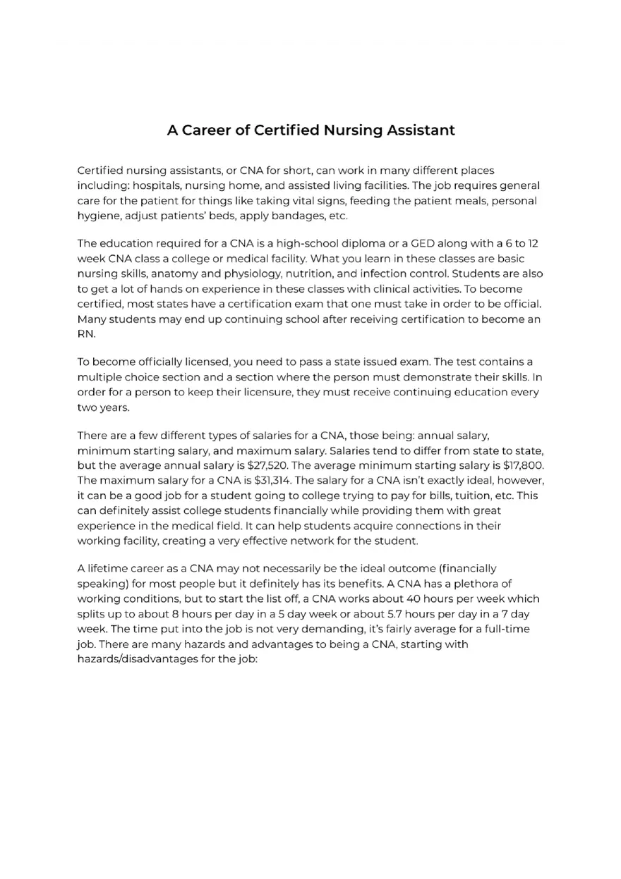 A Career Of Certified Nursing Assistant Essay - Page 1