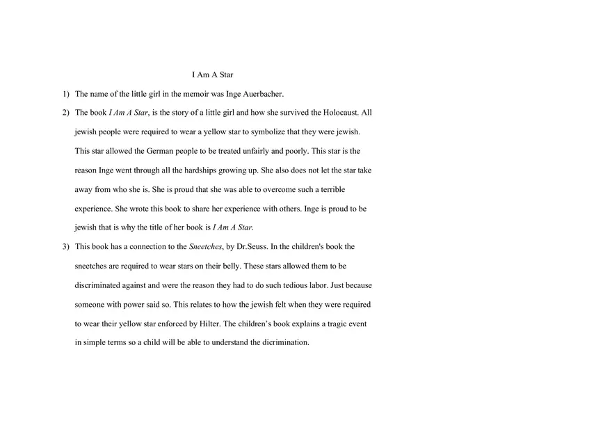 I Am A Star - In This Assignment You Were Required to Read the Following Book and Answer Questions - Page 1