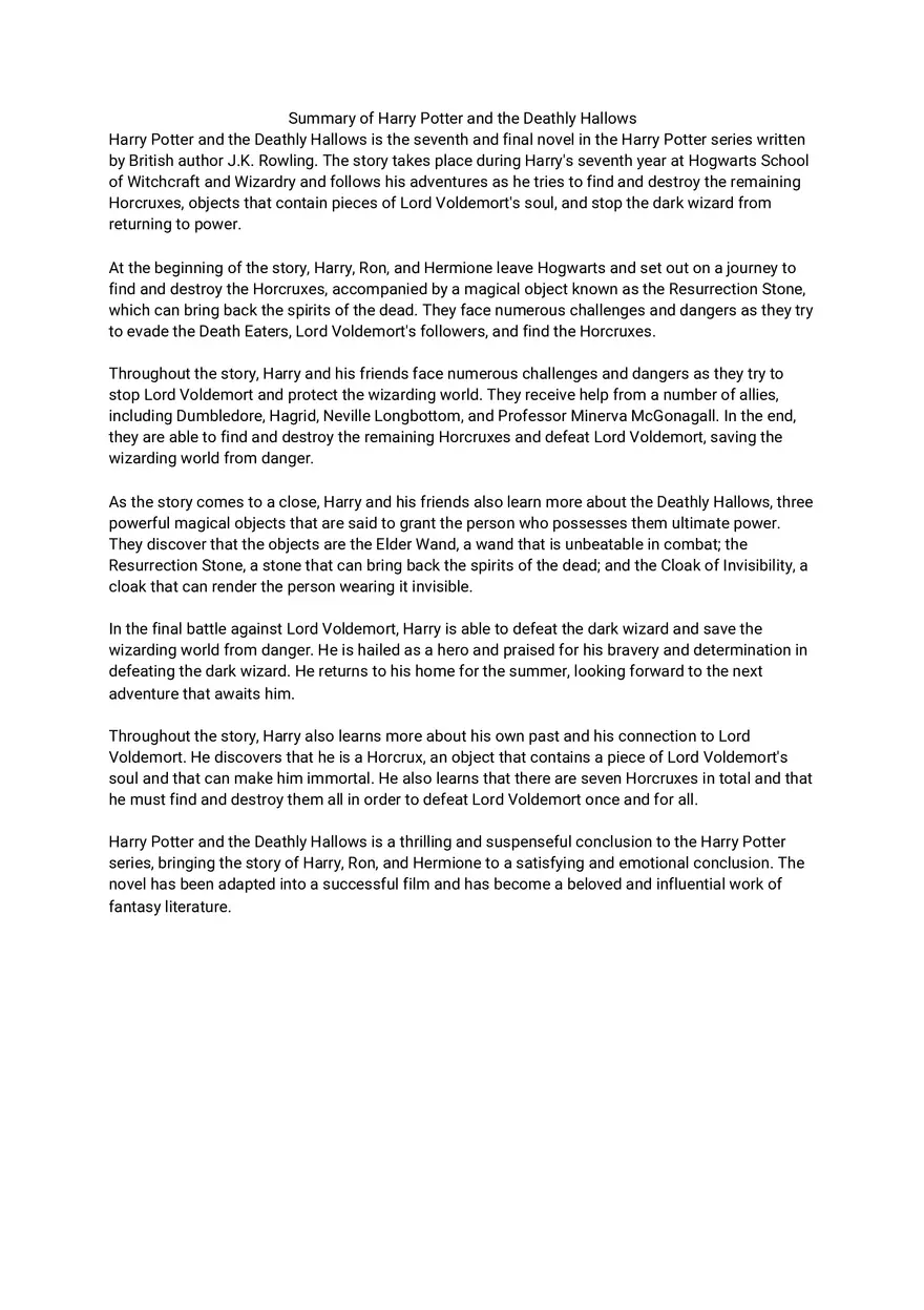 Summary of Harry Potter and the Deathly Hallows - Page 1