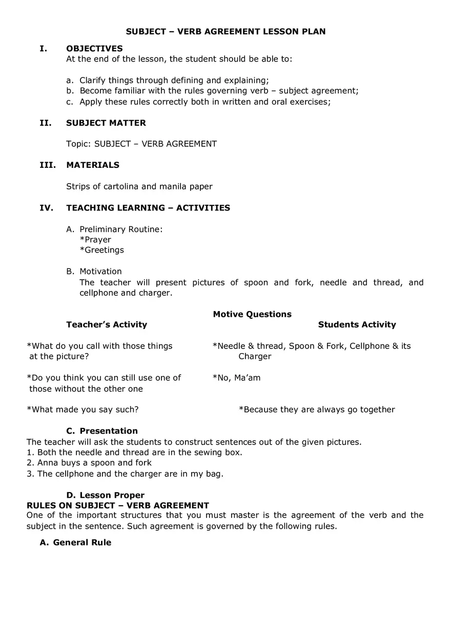 Lesson Plan In Subject Verb Agreement - Page 1
