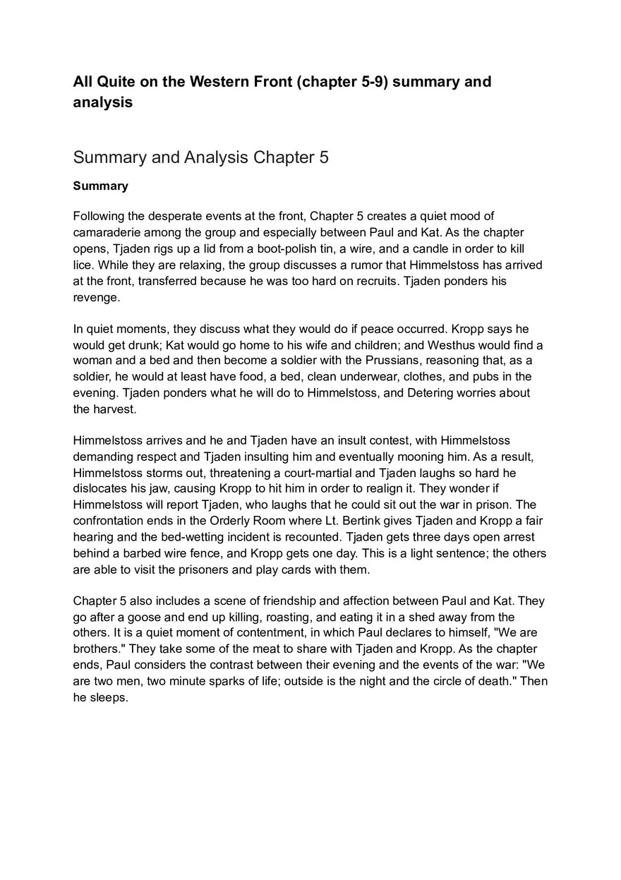 All Quite on the Western Front (Chapter 5-9) Summary and Analysis - Page 1
