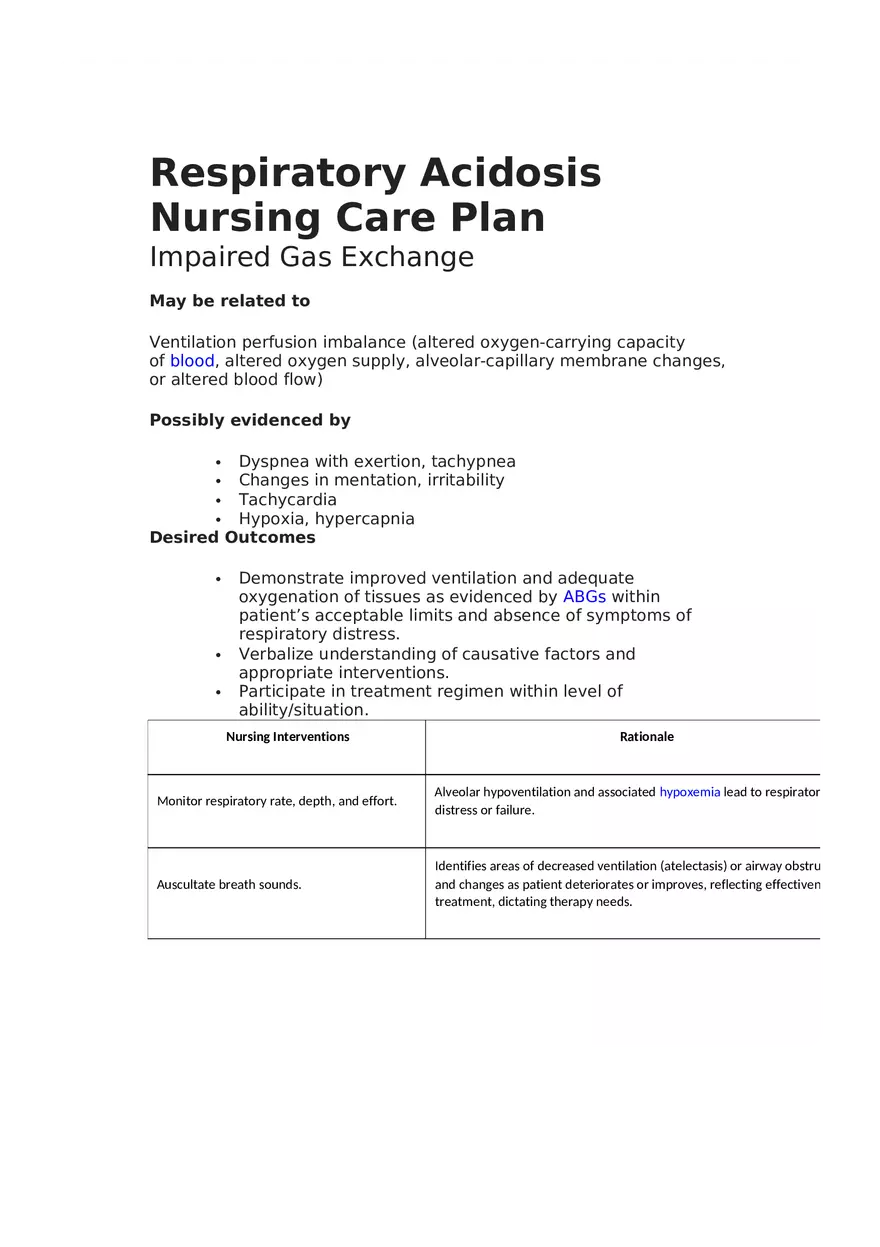 Respiratory Acidosis Nursing Care Plan - Page 1