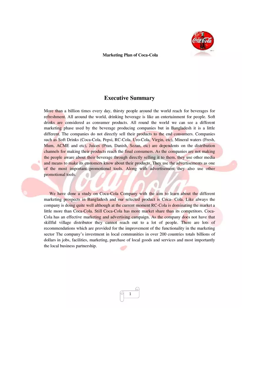 Marketing Plan of Coca-Cola Part 1 - Page 1