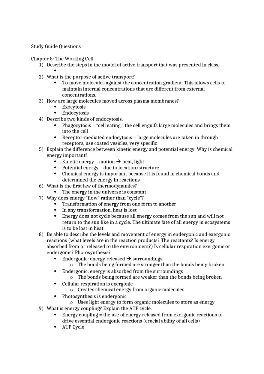 General Biology Exam 2 Study Guide Questions Ch 5 6 7 - Page 1