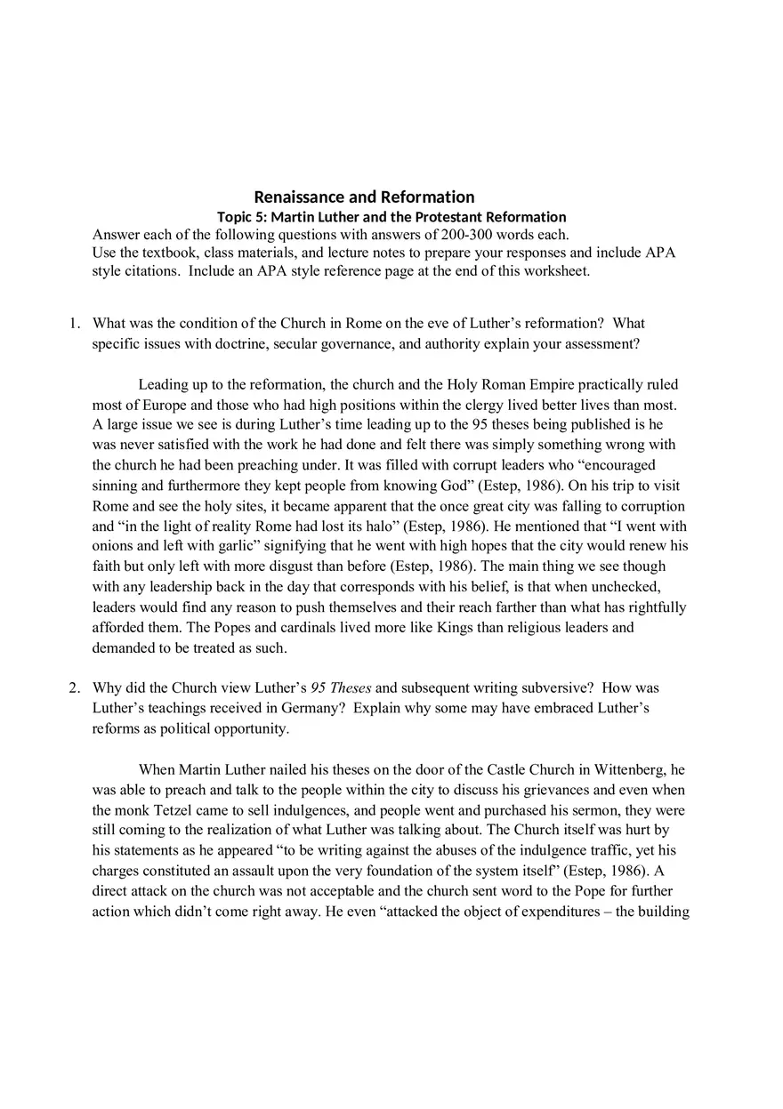Martin Luther and the Protestant Reformation Worksheet - Page 1